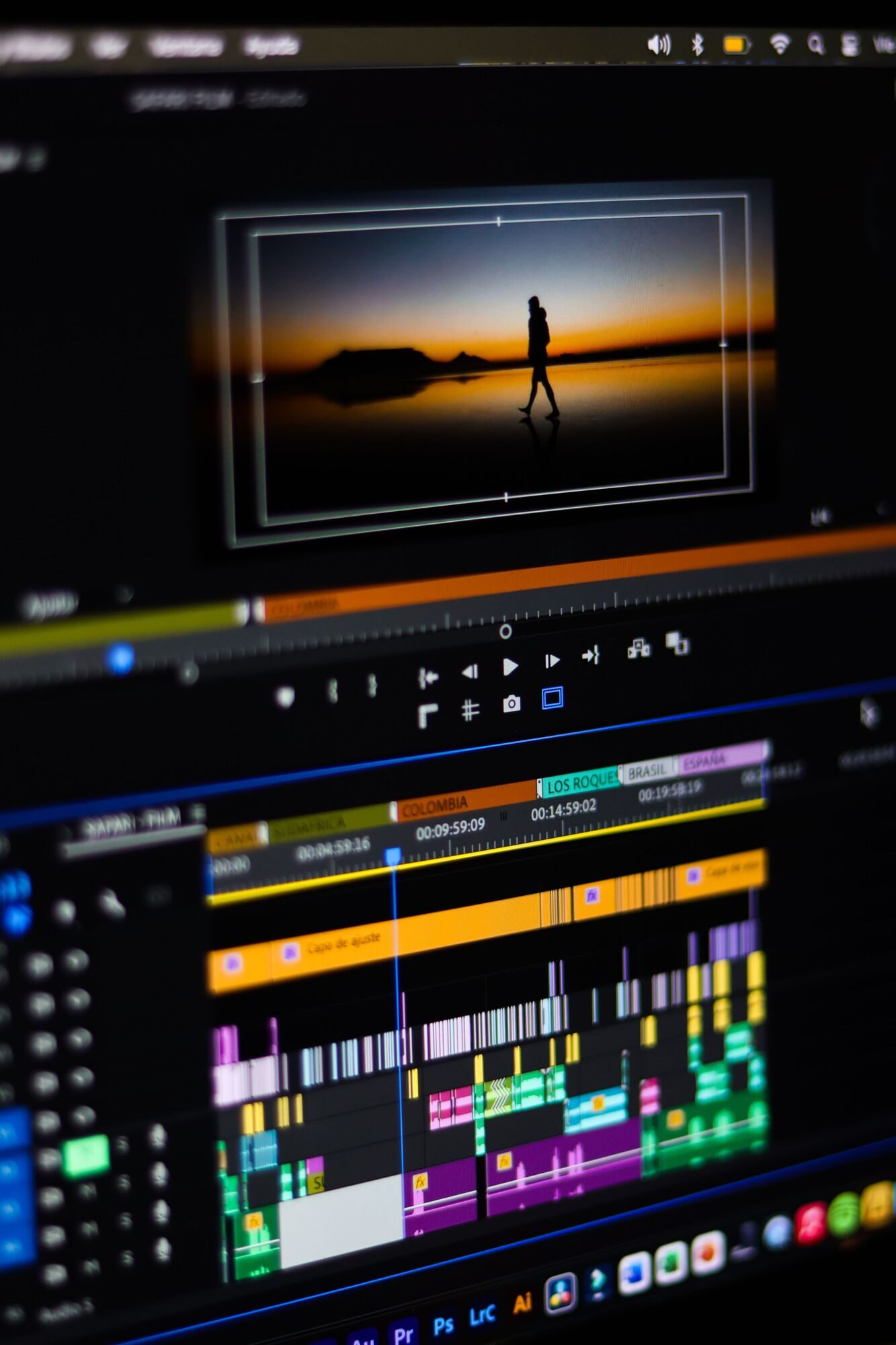 A close view of a video-editing timeline with a sunset silhouette shot framed above it.